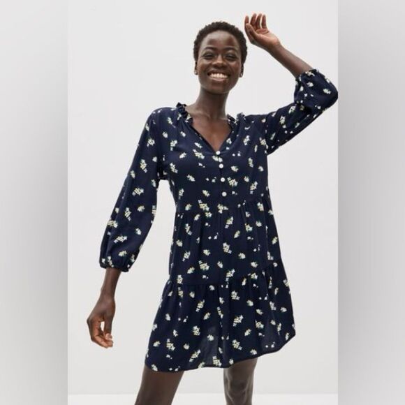 GAP Navy tiered long sleeve Floral mini Dress size m EUC - Picture 1 of 4